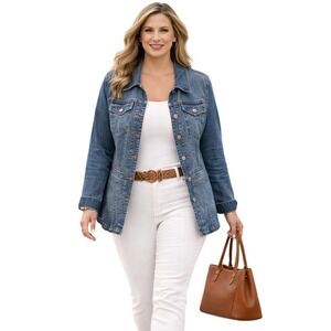 Style & Co Denim Jacket Womens Sz L Stretch Cotton Button Front Longline Jacket